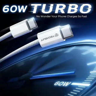 Techsuit - Data Cable (PCB114D) - for Apple, Android, Type-C, Super Fast Charging, PD60W, Flexible, Durable, 1m - Gray