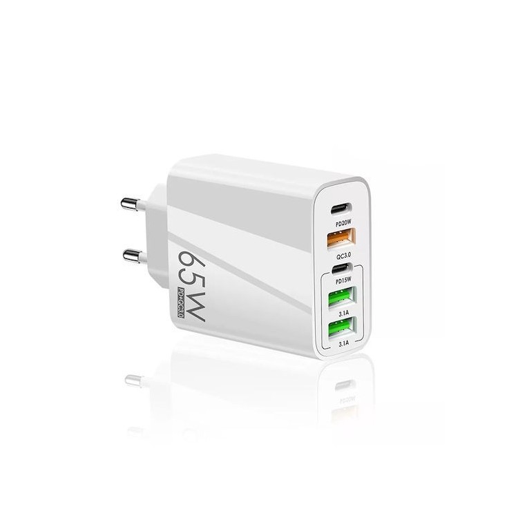 Techsuit - Premium Wall Charger PentaXPower (CHC2) - 3x USB QC 3.0, 2x Type-C PD 20W, 65W, GaN, Quick Charge - White