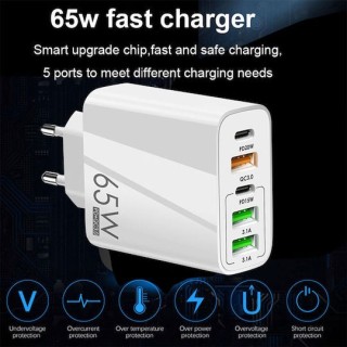 Techsuit - Premium Wall Charger PentaXPower (CHC2) - 3x USB QC 3.0, 2x Type-C PD 20W, 65W, GaN, Quick Charge - White