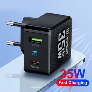 Techsuit - Premium Wall Charger Tiny Series (CHPD173) - GaN, USB, Type-C, Fast Charge, PD35W - Black