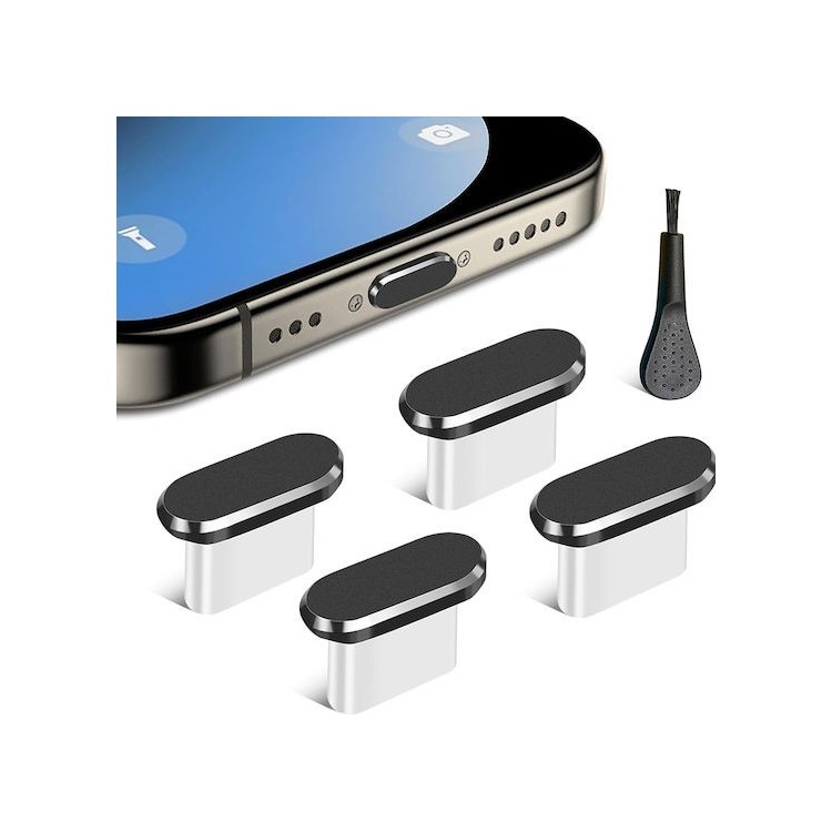 Techsuit - (4 pack) Dust Plug PortShieldX (AD1) - Type-C Port Cover, Aluminum/Silicone, for Daily Defense, with Brush - Black