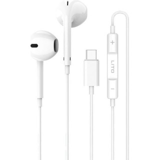 Lito - Wired Earphones (LF01T) - Type-C, Stereo, Half In-ear, with HD Microphone, 1.2m - White
