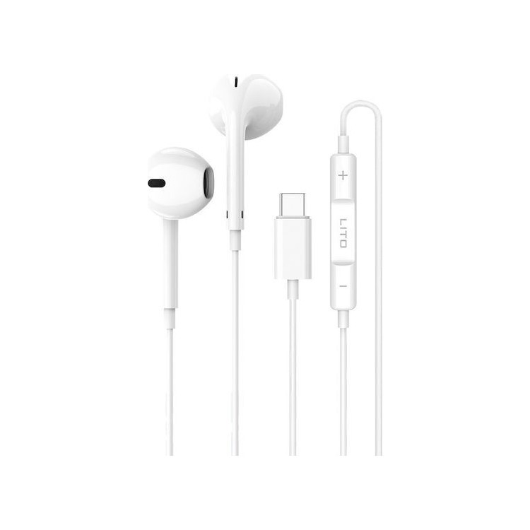 Lito - Wired Earphones (LF01T) - Type-C, Stereo, Half In-ear, with HD Microphone, 1.2m - White