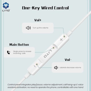 Lito - Wired Earphones (LF01T) - Type-C, Stereo, Half In-ear, with HD Microphone, 1.2m - White