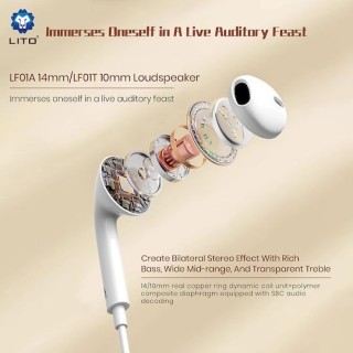 Lito - Wired Earphones (LF01T) - Type-C, Stereo, Half In-ear, with HD Microphone, 1.2m - White