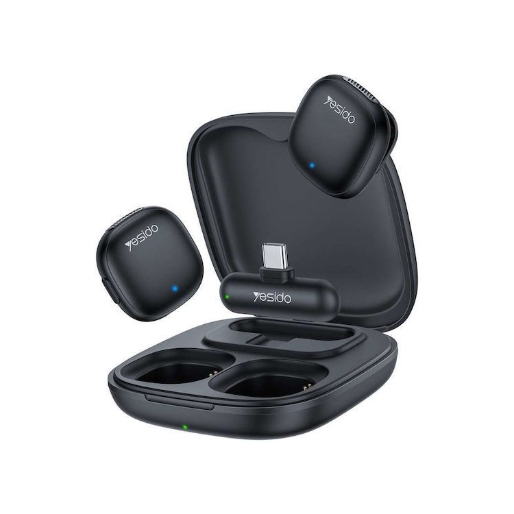 Yesido - (2 pack) Wireless Lavalier Microphones (KR21) - 3in1 Receiver, Type-C, AI Noise Reduction, 98dB SNR, 2.4GHz - Black