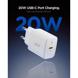 Spigen - Wall Charger Essential EE201EU (ACH08701) - Type-C, GaN, Fast Charging, PD20W, Quantum Boost - White
