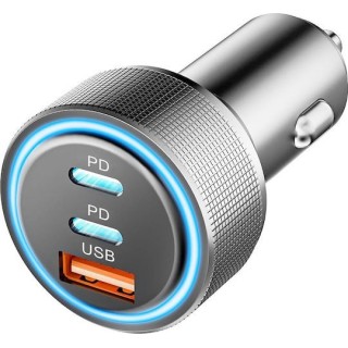 Techsuit - Premium Car Charger DriveBoost (C6) - Fast Charge, LED Light, USB, 2x Type-C 60W, 5V/3A, Aluminium Alloy - Silver