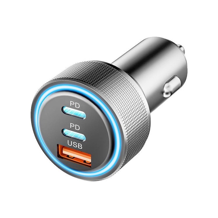 Techsuit - Premium Car Charger DriveBoost (C6) - Fast Charge, LED Light, USB, 2x Type-C 60W, 5V/3A, Aluminium Alloy - Silver