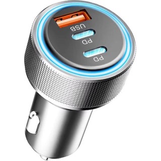 Techsuit - Premium Car Charger DriveBoost (C6) - Fast Charge, LED Light, USB, 2x Type-C 60W, 5V/3A, Aluminium Alloy - Silver