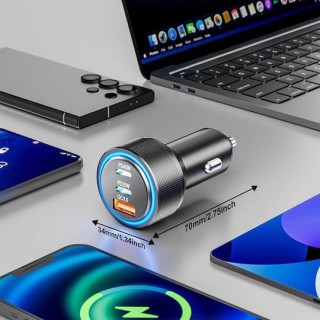 Techsuit - Premium Car Charger DriveBoost (C6) - Fast Charge, LED Light, USB, 2x Type-C 60W, 5V/3A, Aluminium Alloy - Silver