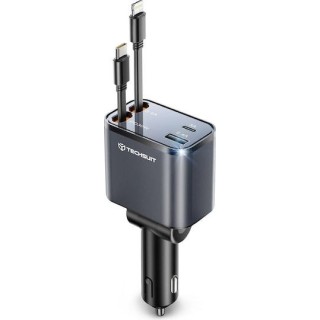 Techsuit - Premium Car Charger  NanoVoltX (C1) - with Retractable USB-C, Lightning Cables, USB 2.4A, PD30W, 69W, 180° - Gray