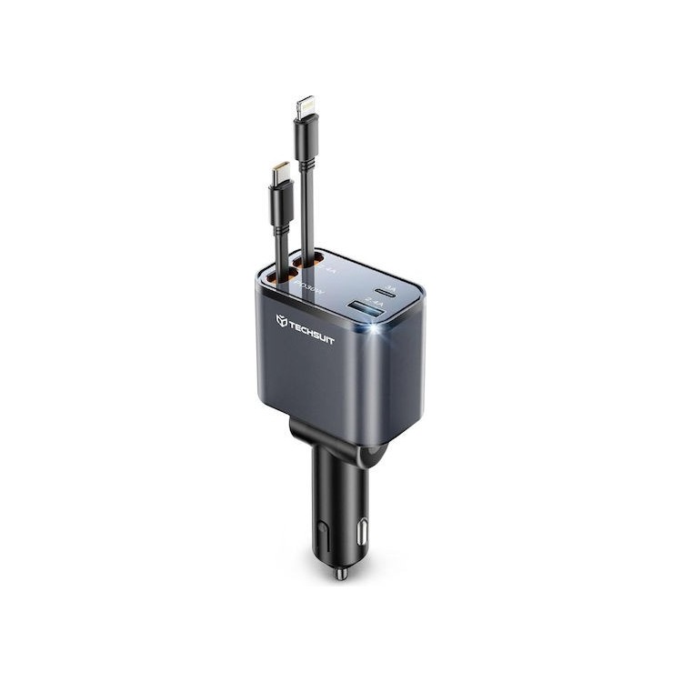 Techsuit - Premium Car Charger  NanoVoltX (C1) - with Retractable USB-C, Lightning Cables, USB 2.4A, PD30W, 69W, 180° - Gray