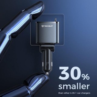 Techsuit - Premium Car Charger  NanoVoltX (C1) - with Retractable USB-C, Lightning Cables, USB 2.4A, PD30W, 69W, 180° - Gray
