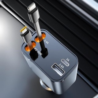 Techsuit - Premium Car Charger  NanoVoltX (C1) - with Retractable USB-C, Lightning Cables, USB 2.4A, PD30W, 69W, 180° - Gray