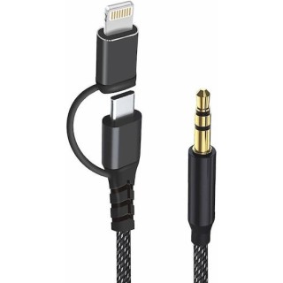 Techsuit - Premium Cable Adapter 3in1 EchoSnap (AC15) - Lightning/Type-C to 3.5mm Jack, Hi-Fi Quality, 1m - Black