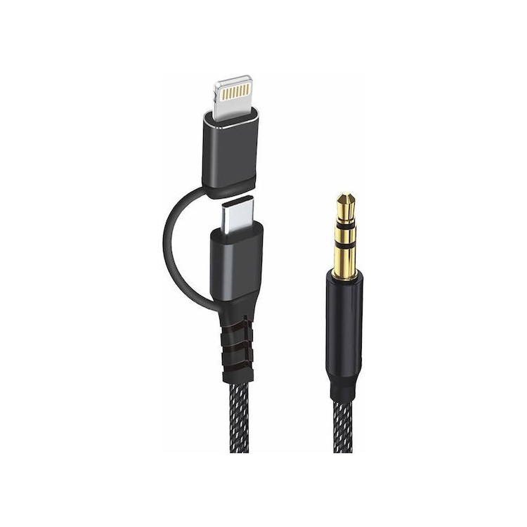 Techsuit - Premium Cable Adapter 3in1 EchoSnap (AC15) - Lightning/Type-C to 3.5mm Jack, Hi-Fi Quality, 1m - Black