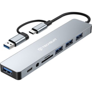 Techsuit - Docking Station DataBridge 8 in 1 (H9) - USB, Type-C to 4x USB, Type-C, 3.5mm Jack, TF/SD Card - Gray