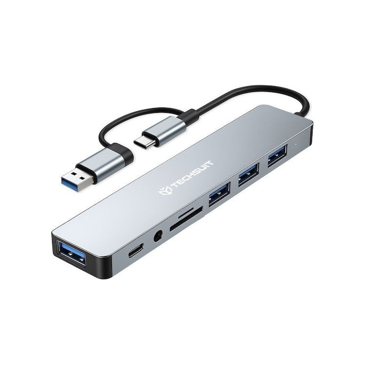 Techsuit - Docking Station DataBridge 8 in 1 (H9) - USB, Type-C to 4x USB, Type-C, 3.5mm Jack, TF/SD Card - Gray
