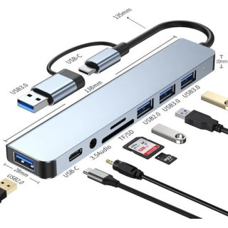 Techsuit - Docking Station DataBridge 8 in 1 (H9) - USB, Type-C to 4x USB, Type-C, 3.5mm Jack, TF/SD Card - Gray