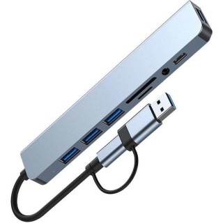 Techsuit - Docking Station DataBridge 8 in 1 (H9) - USB, Type-C to 4x USB, Type-C, 3.5mm Jack, TF/SD Card - Gray