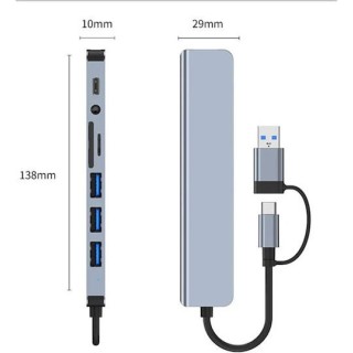 Techsuit - Docking Station DataBridge 8 in 1 (H9) - USB, Type-C to 4x USB, Type-C, 3.5mm Jack, TF/SD Card - Gray